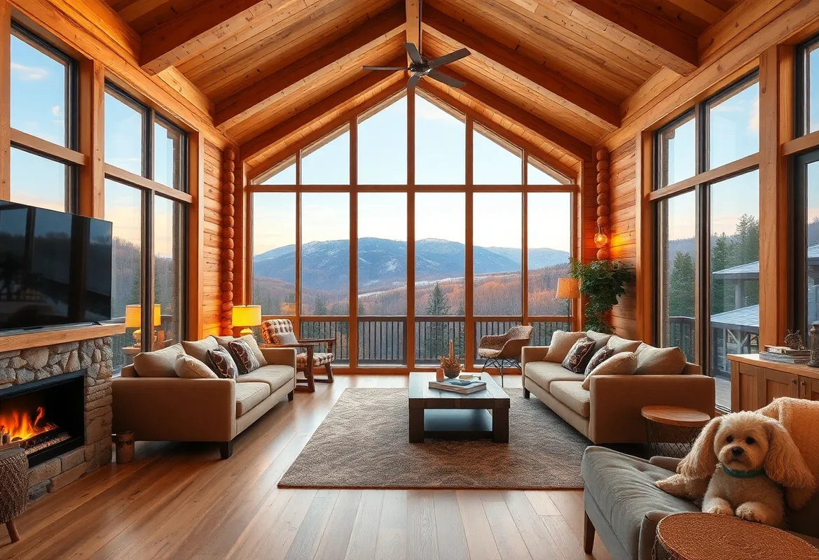 Cozy interior of pet-friendly cabin rentals in a forested setting.