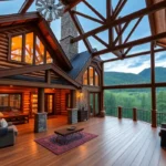 Family Cabin Rentals - Warm wooden cabins nestled among vibrant green trees and sparkling lakes, creating a cozy, inviting atmosphere for family adventures.