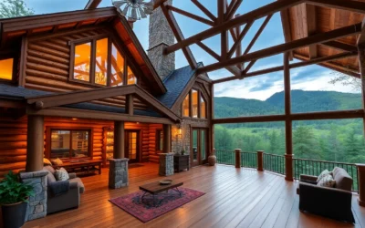 Family Cabin Rentals - Warm wooden cabins nestled among vibrant green trees and sparkling lakes, creating a cozy, inviting atmosphere for family adventures.