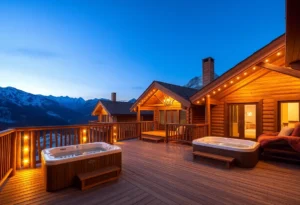 Romantic Cabins - Warm wooden textures, soft candlelight glow, and steam rising from bubbling hot tubs create an intimate, cozy atmosphere.