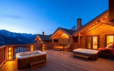 Romantic Cabins - Warm wooden textures, soft candlelight glow, and steam rising from bubbling hot tubs create an intimate, cozy atmosphere.