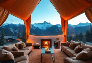Luxury Glamping - Warm, earthy tones envelop the luxurious tent, inviting comfort amidst nature's tranquility. Soft textures and gentle light create an enchanting atmosphere.
