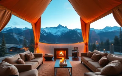 Luxury Glamping - Warm, earthy tones envelop the luxurious tent, inviting comfort amidst nature's tranquility. Soft textures and gentle light create an enchanting atmosphere.