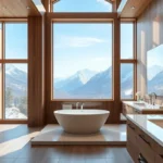 Luxury Cabins - Soft earthy tones, rich wood textures, and serene lighting create a soothing atmosphere in the luxurious cabin bathroom.
