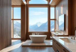 Luxury Cabins - Soft earthy tones, rich wood textures, and serene lighting create a soothing atmosphere in the luxurious cabin bathroom.