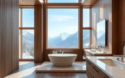Luxury Cabins - Soft earthy tones, rich wood textures, and serene lighting create a soothing atmosphere in the luxurious cabin bathroom.