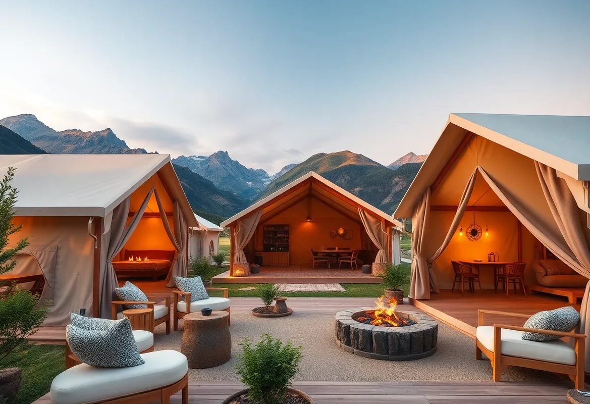 Luxury Glamping setup with tents, cozy seating, and family activities.