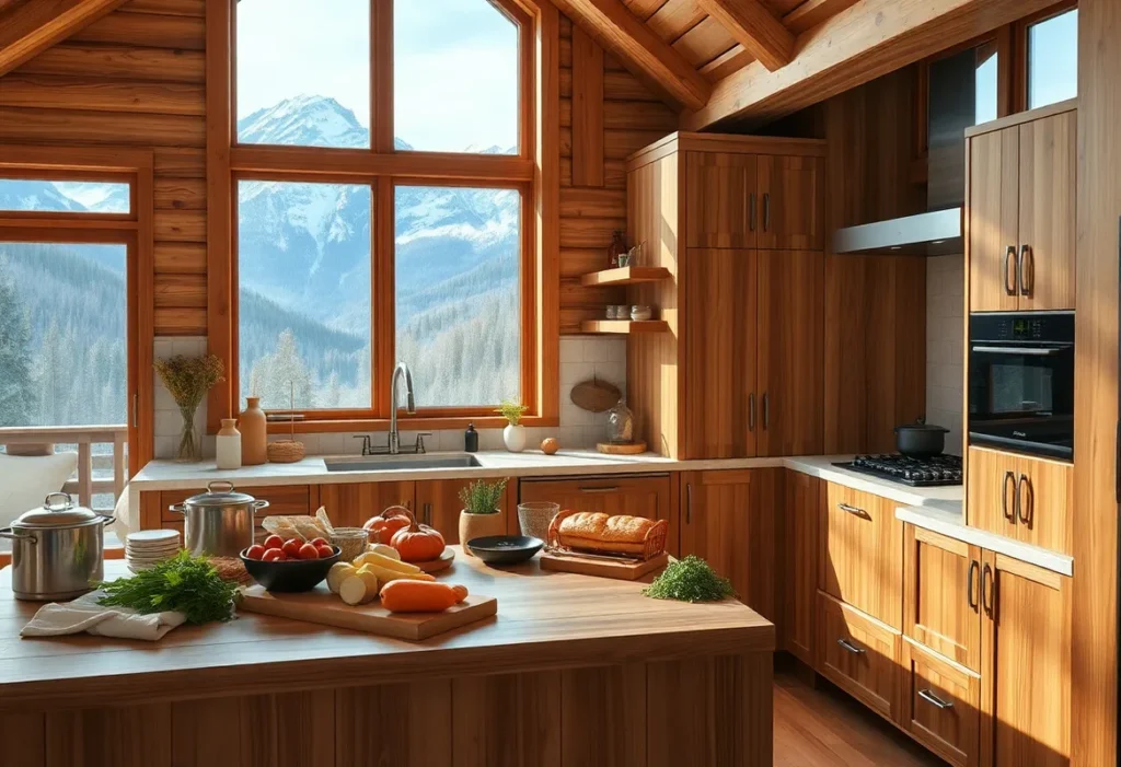 Cabin Rental Checklist - A cozy cabin kitchen filled with colorful utensils and rustic wooden textures, inviting warmth and creativity for delicious meals.