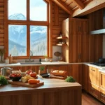 Cabin Rental Checklist - A cozy cabin kitchen filled with colorful utensils and rustic wooden textures, inviting warmth and creativity for delicious meals.