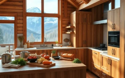 Cabin Rental Checklist - A cozy cabin kitchen filled with colorful utensils and rustic wooden textures, inviting warmth and creativity for delicious meals.
