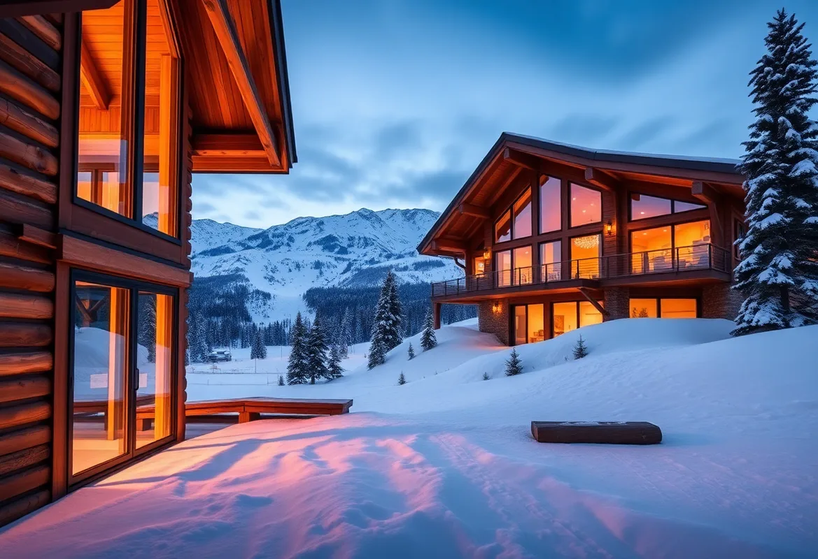 Skiing, Relaxing, Enjoying Winter Cozy winter cabin rentals perfect for skiing adventures in snow.