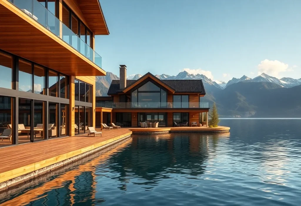 Luxury Lakefront Cabins - Warm wooden tones and soft blues create a tranquil, inviting vibe at luxurious lakeside cabins surrounded by nature's beauty.