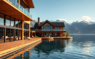 Luxury Lakefront Cabins - Warm wooden tones and soft blues create a tranquil, inviting vibe at luxurious lakeside cabins surrounded by nature's beauty.