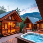 Luxury Cabins with Hot Tubs - Warm wooden textures, gentle steam rising from bubbling hot tubs, surrounded by lush green foliage and serene mountain views.
