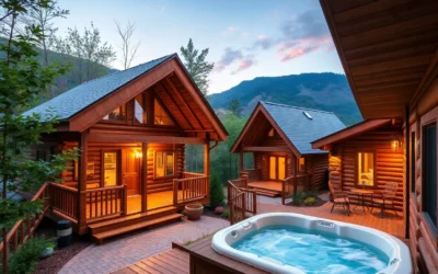 Luxury Cabins with Hot Tubs - Warm wooden textures, gentle steam rising from bubbling hot tubs, surrounded by lush green foliage and serene mountain views.