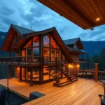 Cabins in Smoky Mountains - Cozy wooden cabins surrounded by lush green trees and vibrant autumn leaves, offering a warm, inviting atmosphere for relaxation.