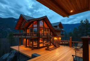 Cabins in Smoky Mountains - Cozy wooden cabins surrounded by lush green trees and vibrant autumn leaves, offering a warm, inviting atmosphere for relaxation.
