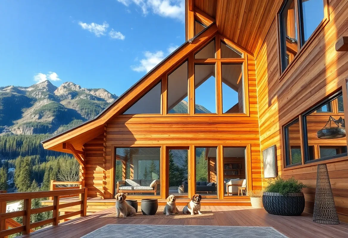 Cozy pet-friendly cabins nestled in nature with dogs playing.
