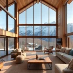 Cabins in Colorado - Warm wooden cabins surrounded by majestic mountains, rich green pines, and vibrant sunsets create a serene, inviting atmosphere.