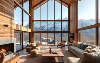 Cabins in Colorado - Warm wooden cabins surrounded by majestic mountains, rich green pines, and vibrant sunsets create a serene, inviting atmosphere.