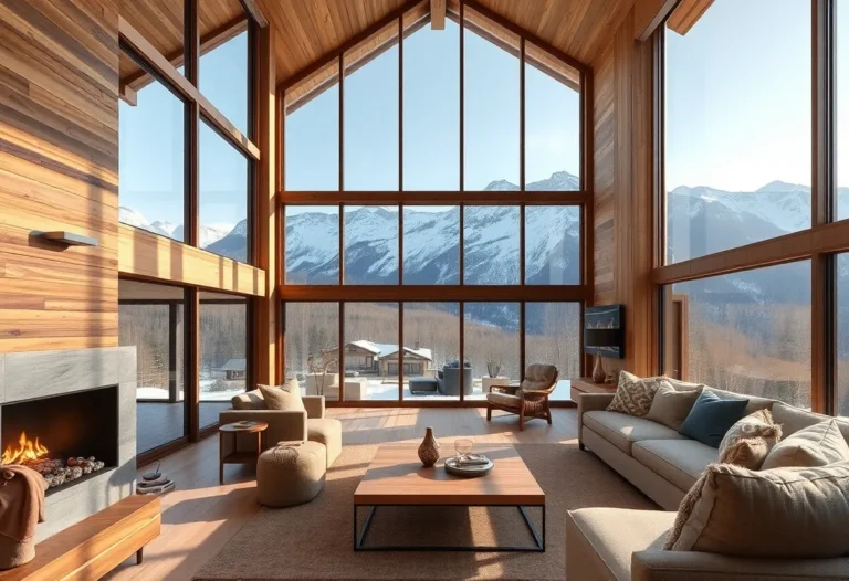 Cabins in Colorado - Warm wooden cabins surrounded by majestic mountains, rich green pines, and vibrant sunsets create a serene, inviting atmosphere.