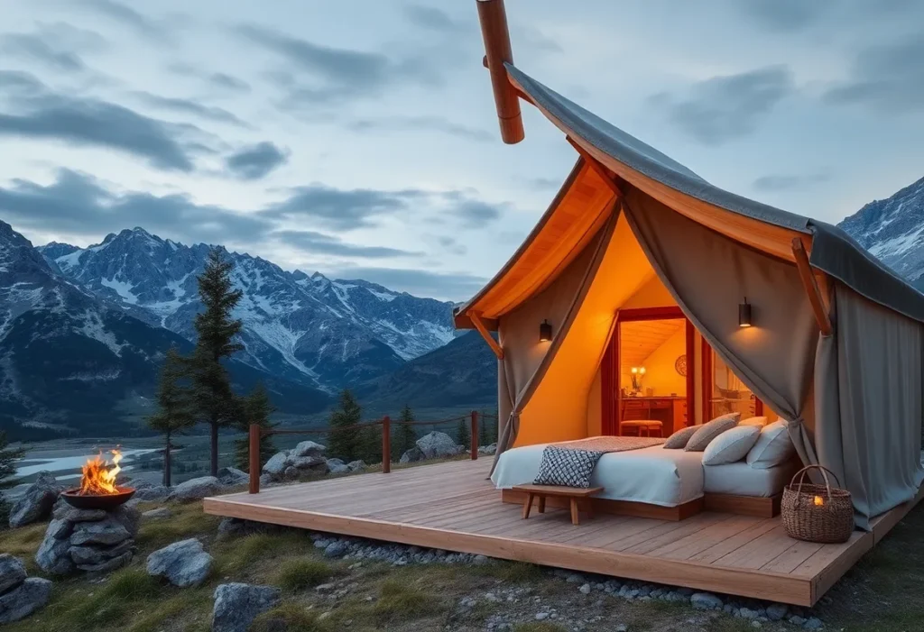 Cabin vs Glamping - Warm wooden textures, soft canvas tents, vibrant nature hues create an inviting, luxurious outdoor escape.
