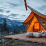 Cabin vs Glamping - Warm wooden textures, soft canvas tents, vibrant nature hues create an inviting, luxurious outdoor escape.