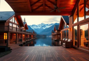 Lakefront Cabins - Warm wooden textures and vibrant green foliage create a serene retreat, inviting relaxation with gentle ripples on the shimmering lake.