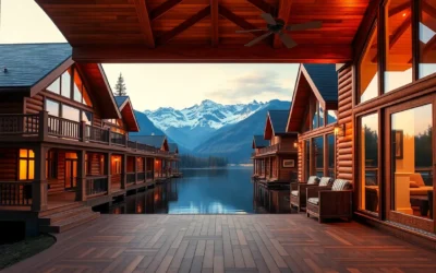 Lakefront Cabins - Warm wooden textures and vibrant green foliage create a serene retreat, inviting relaxation with gentle ripples on the shimmering lake.