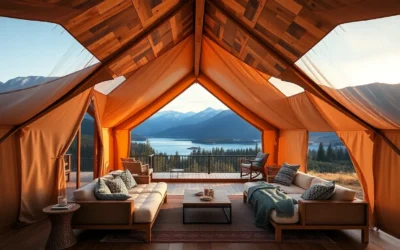Glamping Near Lakes - Soft greens and blues blend with rustic textures, creating a serene, inviting vibe near Oregon's hidden lakes.