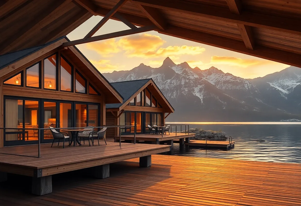 Gathering At Lakefront Cabins A serene lakefront cabin surrounded by lush greenery and water.