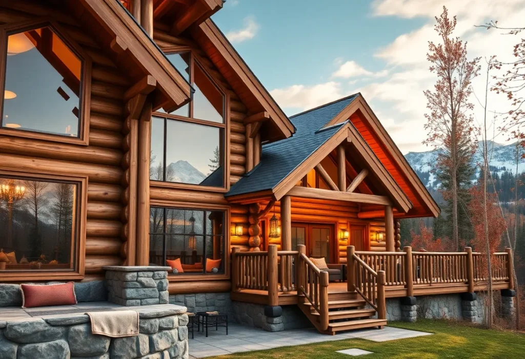Cabin Rental Tips - Warm wooden textures contrast with vibrant autumn foliage, creating a cozy, inviting atmosphere perfect for seasonal cabin getaways.