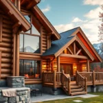 Cabin Rental Tips - Warm wooden textures contrast with vibrant autumn foliage, creating a cozy, inviting atmosphere perfect for seasonal cabin getaways.