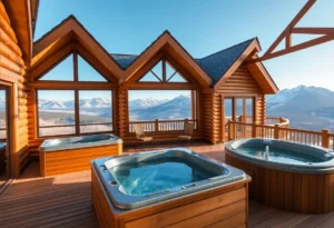 Mountain Cabins - Warm wooden textures, soothing greenery, and soft steam rise from inviting hot tubs under a stunning mountain sunset.