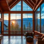 Cabins in Smoky Mountains - Golden sunlight filters through lush green trees, illuminating rustic wooden cabins nestled among vibrant foliage and majestic mountain peaks.