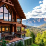 Cabins in Smoky Mountains - Warm wooden cabins nestled among vibrant green trees, with soft sunlight filtering through, creating a peaceful and inviting atmosphere.