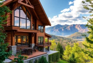 Cabins in Smoky Mountains - Warm wooden cabins nestled among vibrant green trees, with soft sunlight filtering through, creating a peaceful and inviting atmosphere.