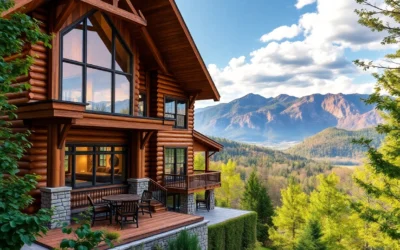 Cabins in Smoky Mountains - Warm wooden cabins nestled among vibrant green trees, with soft sunlight filtering through, creating a peaceful and inviting atmosphere.