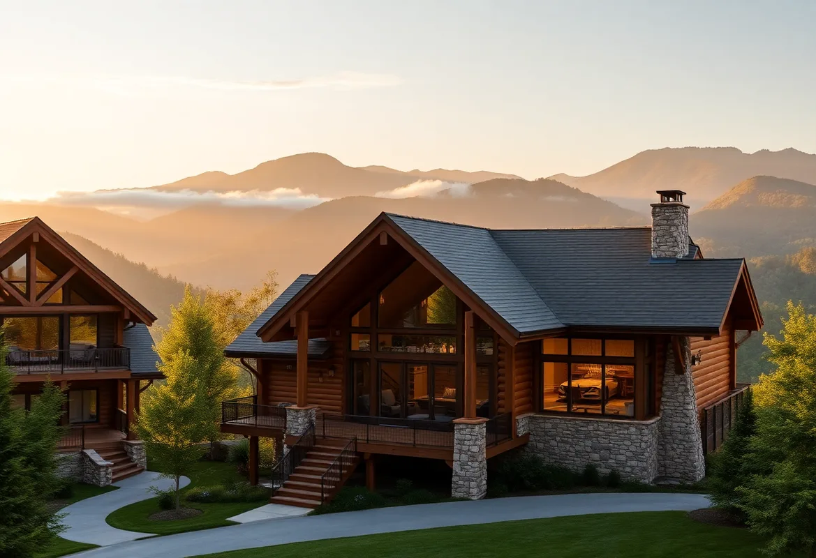 Cozy cabins in Smoky Mountains surrounded by lush green trees